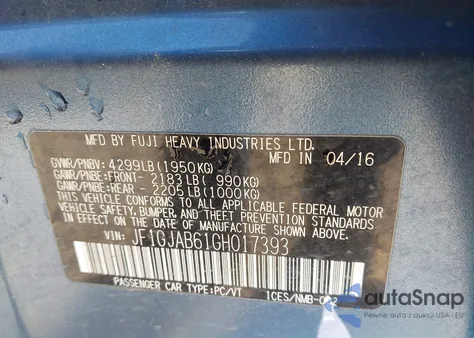 2016 Subaru Impreza 2.0I Premium z USA, uszkodzony, nr VIN JF1GJAB61GH017393